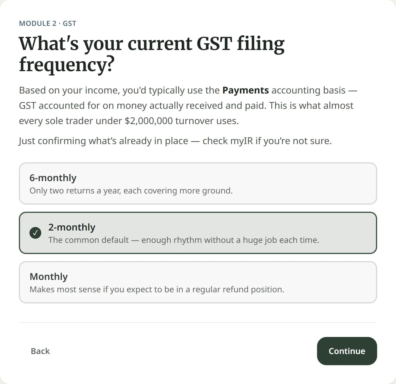 A GST question in Findie: what's your current GST filing frequency, with 2-monthly chosen.