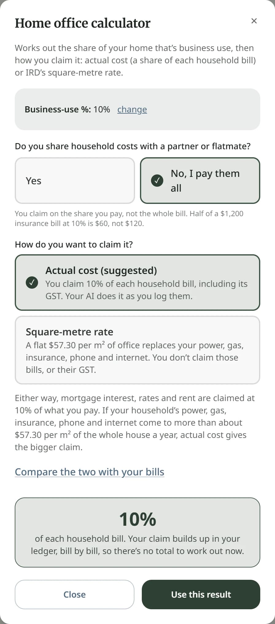 The home office calculator: business use 10%, and actual cost chosen as the way to claim it.